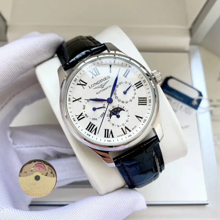 Longines Moonphase Automatic Watch with Black Leather Strap