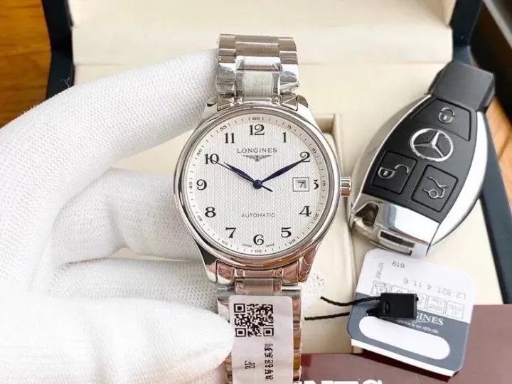 Longines Automatic Watch with White Textured Dial and Steel Bracelet
