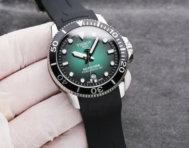 Tissot Seastar Watch with Green Dial and Black Rubber Strap