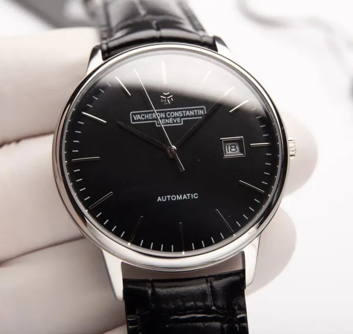 Vacheron Constantin Automatic Watch with Black Dial and Leather Strap