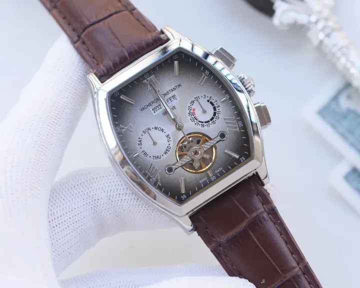 Vacheron Constantin Tonneau Watch with Grey Dial and Brown Strap