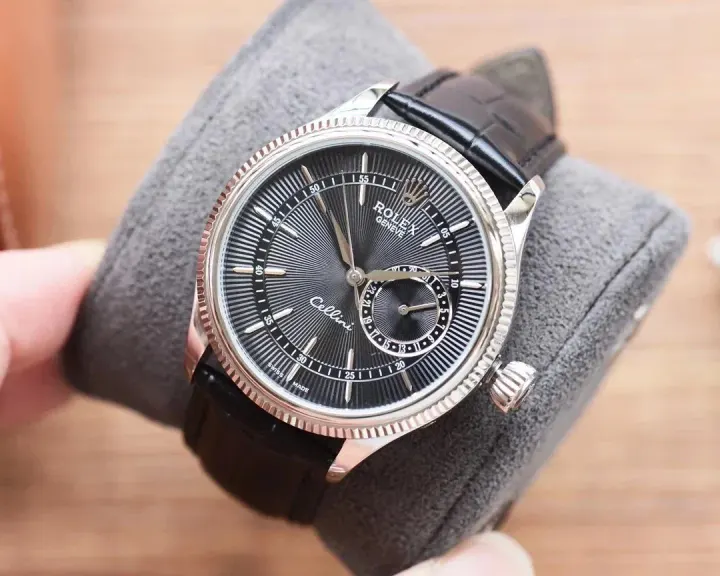 Rolex Cellini Watch with Black Guilloche Dial and Leather Strap