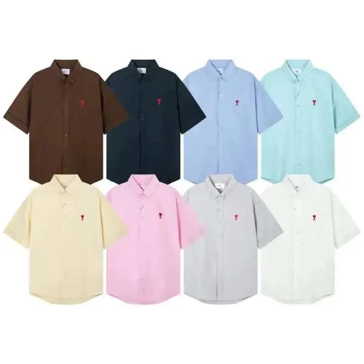 Ami Short Sleeve Button-Down Shirt with Red Heart Logo