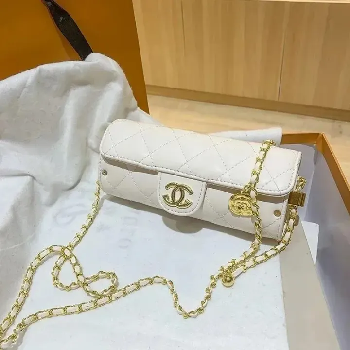 Chanel White Quilted Cylinder Crossbody Bag with Gold Chain