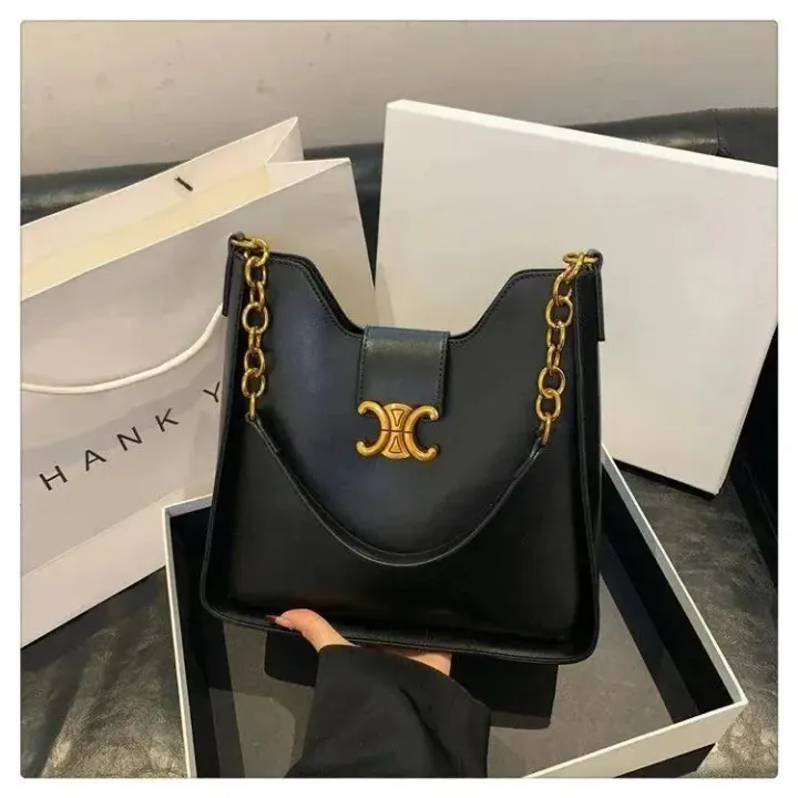Celine Triomphe Chain Shoulder Bag in Black and Brown