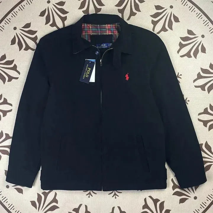 Polo Ralph Lauren Black Zip-Up Jacket with Plaid Collar