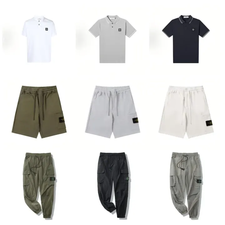 Stone Island Set aus Polohemd, Shorts und Cargohose in Weiß, Grau und Marineblau