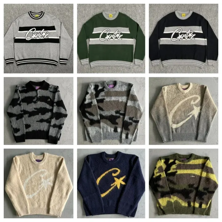 Corteiz Graphic Knit Sweater in Striped and Camo Colorways