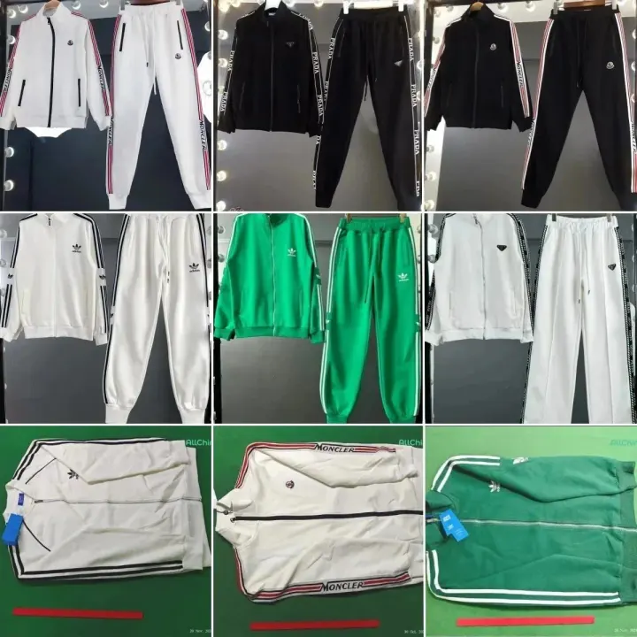 Moncler Logo-Stripe Matching Set in White, Black & Green