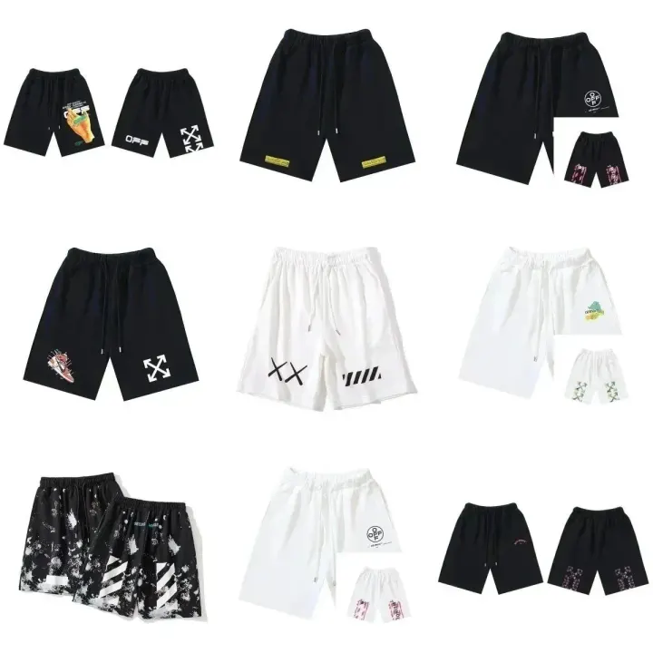 Off-White Graphic Print Casual Drawstring Shorts in Black and White