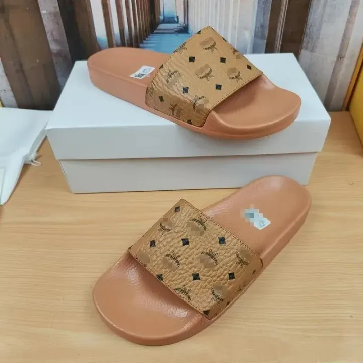 MCM Tan Monogram Pattern Slides