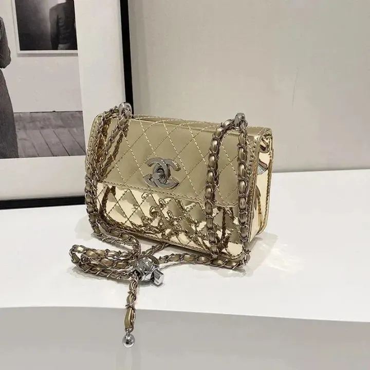 Chanel Gold Metallic Quilted Crossbody Bag with Chain Strap