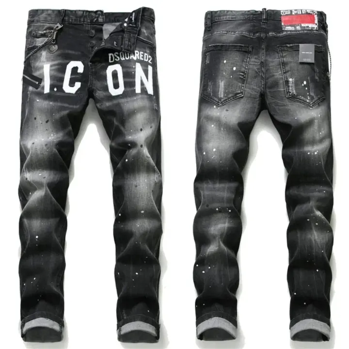 Dsquared2 Black Paint-Splatter Icon Print Denim Pants