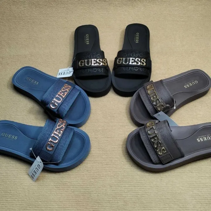 Guess Logo Slides in Navy, Black and Taupe