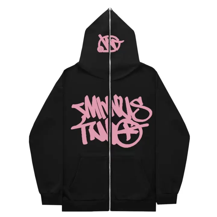 Minus Two Black Graphic Zip-Up Hoodie with Graffiti Print