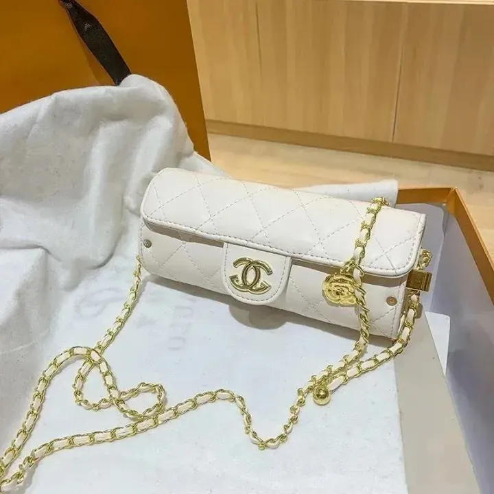 Chanel White Quilted Cylindrical Crossbody Bag with Gold Chain