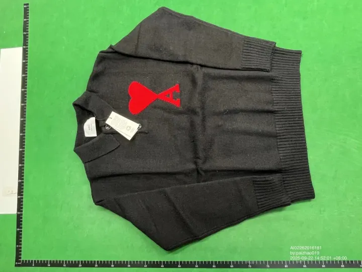Ami Black Knit Polo Sweater with Red Heart Logo
