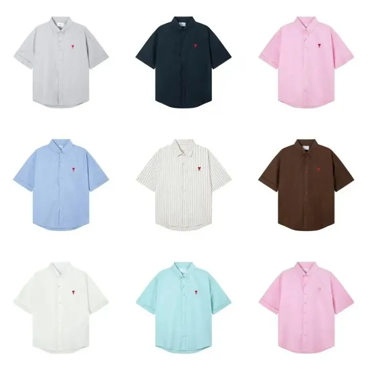 Ami Cotton Short Sleeve Button-Down Shirt with Heart Logo